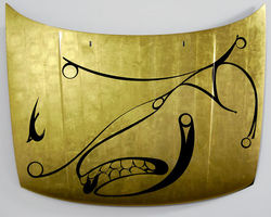 Dog and Sunbird (2010), Toyota Tercel steel automobile hood, gold, pigment, acrylic